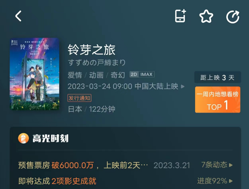《铃芽之旅》预售票房破6000万  3月24日内地上映